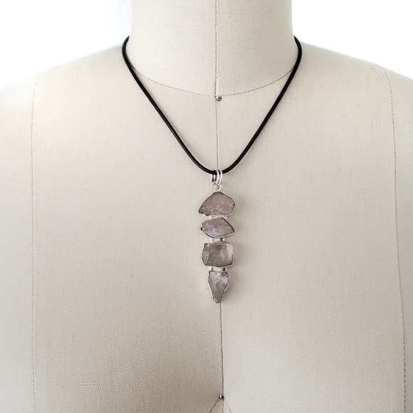 Natural Rough Rose Quartz Gemstones Set in 925 Sterling Silver Pendant, NWT - Picture 3 of 16